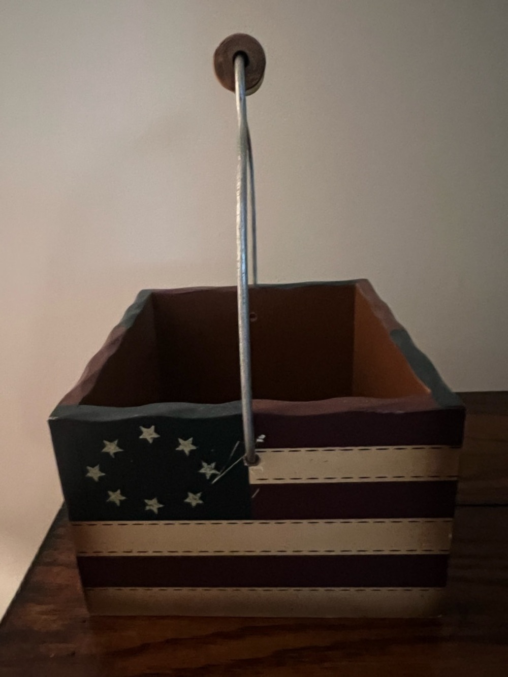 Stars and stripes country rustic patriotic box with wooden handle.